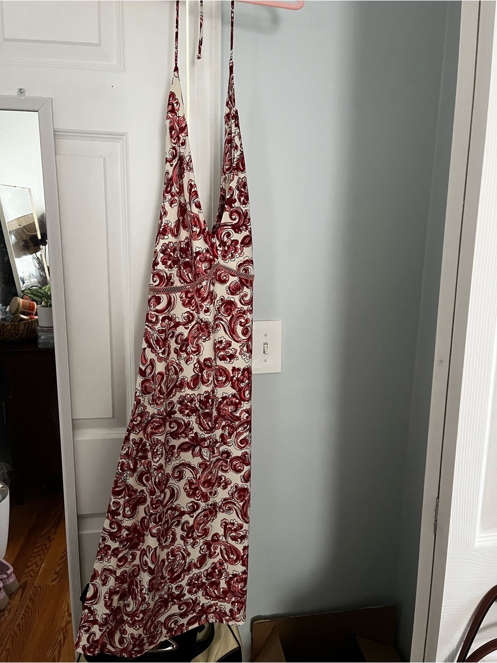 White and Red Paisley Halter Maxi Dress